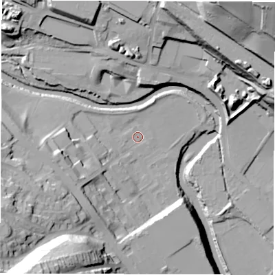 Shaded relief map of the ground around S61UG, computed from Environment Agency LiDAR. The ground here sits at about 69 m above sea level and falls 56 m across the surrounding 800 m. Surface water reaching this point runs off ground lying to the north-west, 2.2 m higher.