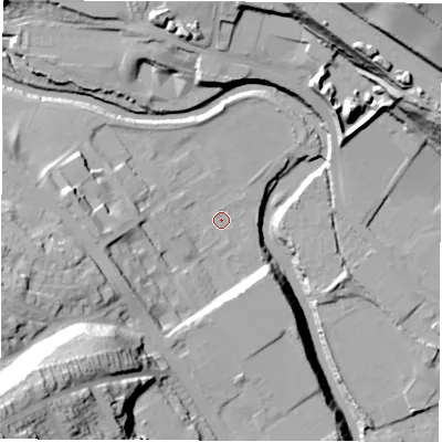 Shaded relief map of the ground around S61UH, computed from Environment Agency LiDAR. The ground here sits at about 69 m above sea level and falls 62 m across the surrounding 800 m. Surface water reaching this point runs off ground lying to the west-south-west, 24.8 m higher.