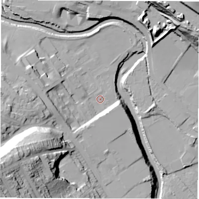 Shaded relief map of the ground around S61UJ, computed from Environment Agency LiDAR. The ground here sits at about 69 m above sea level and falls 61 m across the surrounding 800 m. Surface water reaching this point runs off ground lying to the west-south-west, 11.0 m higher.