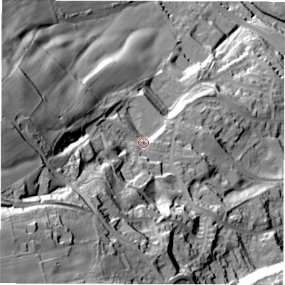 Shaded relief map of the ground around S61UP, computed from Environment Agency LiDAR. The ground here sits at about 120 m above sea level and falls 128 m across the surrounding 800 m. Surface water reaching this point runs off ground lying to the south-west, 81.0 m higher.