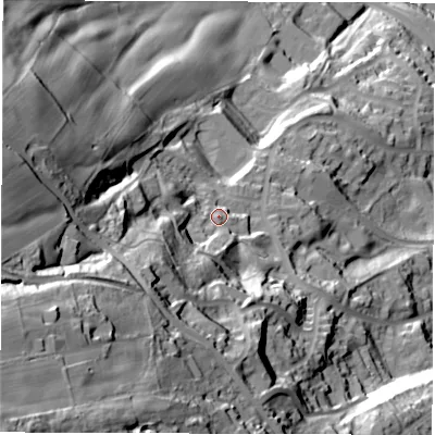 Shaded relief map of the ground around S61UQ, computed from Environment Agency LiDAR. The ground here sits at about 125 m above sea level and falls 133 m across the surrounding 800 m. Surface water reaching this point runs off ground lying to the south-west, 7.4 m higher.