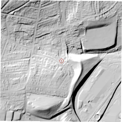 Shaded relief map of the ground around S625HG, computed from Environment Agency LiDAR. The ground here sits at about 44 m above sea level and falls 47 m across the surrounding 800 m. Surface water reaching this point runs off ground lying to the east-south-east, 10.2 m higher.