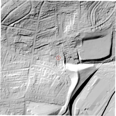Shaded relief map of the ground around S625HX, computed from Environment Agency LiDAR. The ground here sits at about 41 m above sea level and falls 49 m across the surrounding 800 m. Surface water reaching this point runs off ground lying to the north-north-west, 32.7 m higher.