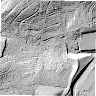 Shaded relief map of the ground around S625HZ, computed from Environment Agency LiDAR. The ground here sits at about 42 m above sea level and falls 47 m across the surrounding 800 m. Surface water reaching this point runs off ground lying to the north-west, 34.6 m higher.