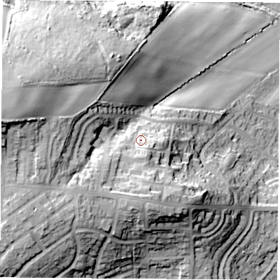Shaded relief map of the ground around S625NS, computed from Environment Agency LiDAR. The ground here sits at about 63 m above sea level and falls 54 m across the surrounding 800 m. Surface water reaching this point runs off ground lying to the south, 12.3 m higher.