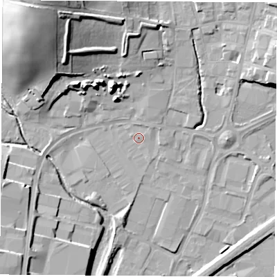 Shaded relief map of the ground around S626DR, computed from Environment Agency LiDAR. The ground here sits at about 26 m above sea level and falls 31 m across the surrounding 800 m. Surface water reaching this point runs off ground lying to the north-east, 1.4 m higher.