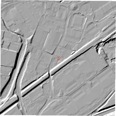 Shaded relief map of the ground around S626EA, computed from Environment Agency LiDAR. The ground here sits at about 23 m above sea level and falls 10 m across the surrounding 800 m. Surface water reaching this point runs off ground lying to the north-north-east, 6.6 m higher.
