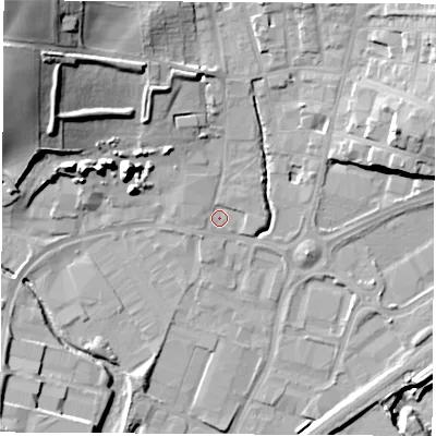 Shaded relief map of the ground around S626EE, computed from Environment Agency LiDAR. The ground here sits at about 27 m above sea level and falls 35 m across the surrounding 800 m. Surface water reaching this point runs off ground lying to the north-west, 28.9 m higher.