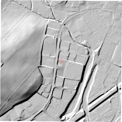 Shaded relief map of the ground around S626EF, computed from Environment Agency LiDAR. The ground here sits at about 31 m above sea level and falls 42 m across the surrounding 800 m. Surface water reaching this point runs off ground lying to the south-west, 3.1 m higher.