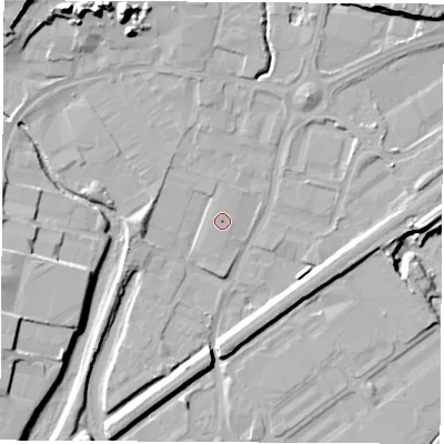 Shaded relief map of the ground around S626FP, computed from Environment Agency LiDAR. The ground here sits at about 25 m above sea level and falls 18 m across the surrounding 800 m. The ground contributing surface water to this point lies to the north.