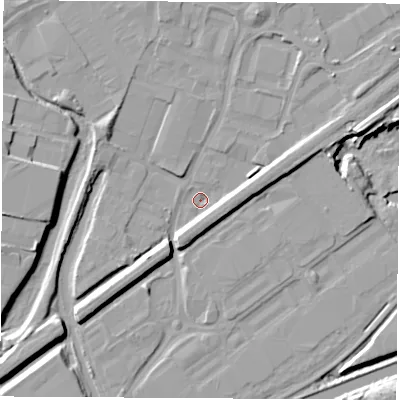 Shaded relief map of the ground around S626FW, computed from Environment Agency LiDAR. The ground here sits at about 23 m above sea level and falls 10 m across the surrounding 800 m. Surface water reaching this point runs off ground lying to the north-north-east, 6.6 m higher.