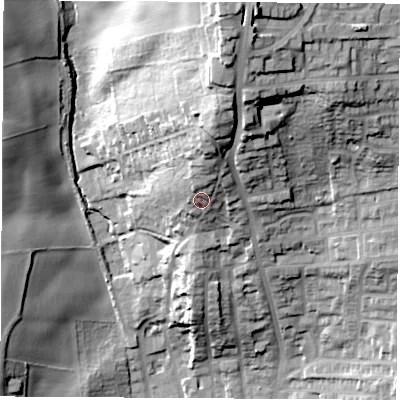 Shaded relief map of the ground around S626HA, computed from Environment Agency LiDAR. The ground here sits at about 57 m above sea level and falls 50 m across the surrounding 800 m. Surface water reaching this point runs off ground lying to the north, 8.6 m higher.