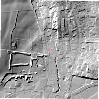 Shaded relief map of the ground around S626HF, computed from Environment Agency LiDAR. The ground here sits at about 30 m above sea level and falls 35 m across the surrounding 800 m. Surface water reaching this point runs off ground lying to the north-west, 28.9 m higher.
