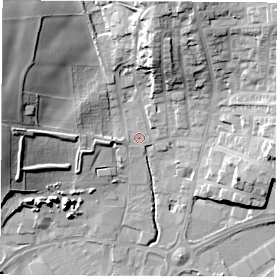 Shaded relief map of the ground around S626HQ, computed from Environment Agency LiDAR. The ground here sits at about 30 m above sea level and falls 33 m across the surrounding 800 m. Surface water reaching this point runs off ground lying to the north-west, 26.8 m higher.