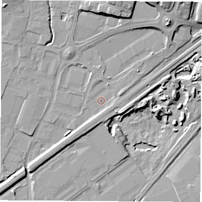 Shaded relief map of the ground around S626JE, computed from Environment Agency LiDAR. The ground here sits at about 26 m above sea level and falls 18 m across the surrounding 800 m. Surface water reaching this point runs off ground lying to the north-east, 3.2 m higher.