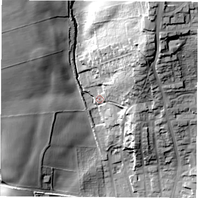 Shaded relief map of the ground around S626JJ, computed from Environment Agency LiDAR. The ground here sits at about 38 m above sea level and falls 49 m across the surrounding 800 m. Surface water reaching this point runs off ground lying to the north-north-east, 43.1 m higher.