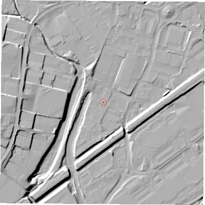 Shaded relief map of the ground around S626JL, computed from Environment Agency LiDAR. The ground here sits at about 24 m above sea level and falls 15 m across the surrounding 800 m. Surface water reaching this point runs off ground lying to the south-south-west, 1.8 m higher.