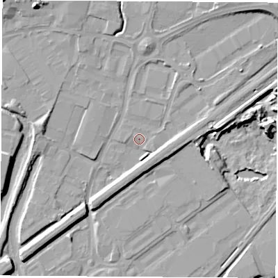 Shaded relief map of the ground around S626JQ, computed from Environment Agency LiDAR. The ground here sits at about 24 m above sea level and falls 13 m across the surrounding 800 m. Surface water reaching this point runs off ground lying to the north-east, 5.3 m higher.