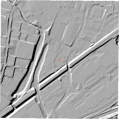 Shaded relief map of the ground around S626LH, computed from Environment Agency LiDAR. The ground here sits at about 24 m above sea level and falls 15 m across the surrounding 800 m. Surface water reaching this point runs off ground lying to the south-south-west, 2.3 m higher.