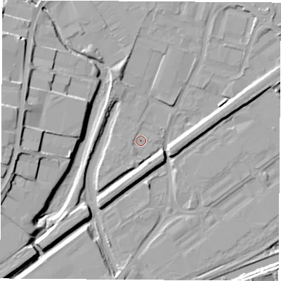 Shaded relief map of the ground around S626LJ, computed from Environment Agency LiDAR. The ground here sits at about 24 m above sea level and falls 15 m across the surrounding 800 m. Surface water reaching this point runs off ground lying to the south-south-west, 2.1 m higher.