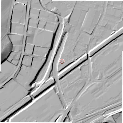 Shaded relief map of the ground around S626LL, computed from Environment Agency LiDAR. The ground here sits at about 25 m above sea level and falls 28 m across the surrounding 800 m. Surface water reaching this point runs off ground lying to the south-south-west, 0.6 m higher.