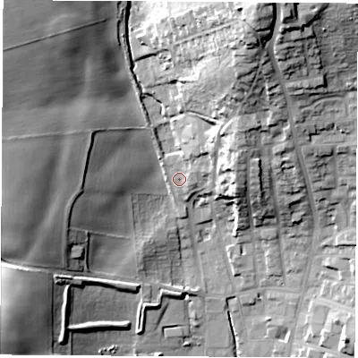 Shaded relief map of the ground around S626NP, computed from Environment Agency LiDAR. The ground here sits at about 35 m above sea level and falls 46 m across the surrounding 800 m. Surface water reaching this point runs off ground lying to the north-north-east, 37.8 m higher.