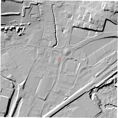 Shaded relief map of the ground around S626NU, computed from Environment Agency LiDAR. The ground here sits at about 26 m above sea level and falls 24 m across the surrounding 800 m. Surface water reaching this point runs off ground lying to the north, 1.5 m higher.