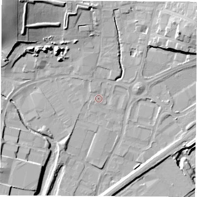 Shaded relief map of the ground around S626NW, computed from Environment Agency LiDAR. The ground here sits at about 26 m above sea level and falls 31 m across the surrounding 800 m. Surface water reaching this point runs off ground lying to the north-north-west, 1.4 m higher.