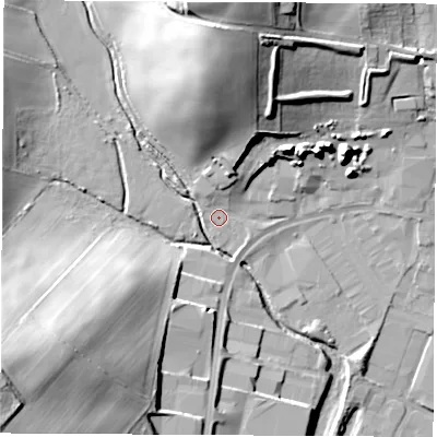 Shaded relief map of the ground around S626NX, computed from Environment Agency LiDAR. The ground here sits at about 26 m above sea level and falls 42 m across the surrounding 800 m. Surface water reaching this point runs off ground lying to the north-north-east, 6.2 m higher.