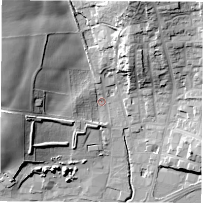 Shaded relief map of the ground around S626PB, computed from Environment Agency LiDAR. The ground here sits at about 31 m above sea level and falls 38 m across the surrounding 800 m. Surface water reaching this point runs off ground lying to the west-north-west, 30.1 m higher.