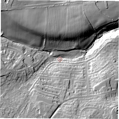 Shaded relief map of the ground around S627PW, computed from Environment Agency LiDAR. The ground here sits at about 73 m above sea level and falls 42 m across the surrounding 800 m. Surface water reaching this point runs off ground lying to the south-west, 28.3 m higher.