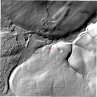 Shaded relief map of the ground around S627UJ, computed from Environment Agency LiDAR. The ground here sits at about 78 m above sea level and falls 33 m across the surrounding 800 m. Surface water reaching this point runs off ground lying to the south, 24.1 m higher.