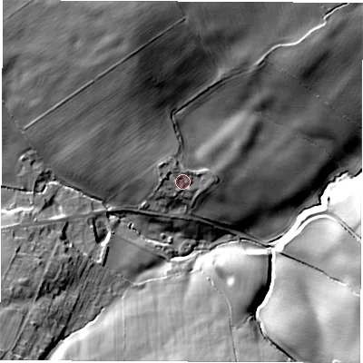Shaded relief map of the ground around S627UL, computed from Environment Agency LiDAR. The ground here sits at about 85 m above sea level and falls 30 m across the surrounding 800 m. Surface water reaching this point runs off ground lying to the north-north-west, 2.3 m higher.