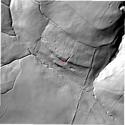 Shaded relief map of the ground around S627UN, computed from Environment Agency LiDAR. The ground here sits at about 57 m above sea level and falls 49 m across the surrounding 800 m. Surface water reaching this point runs off ground lying to the north-north-east, 33.8 m higher.