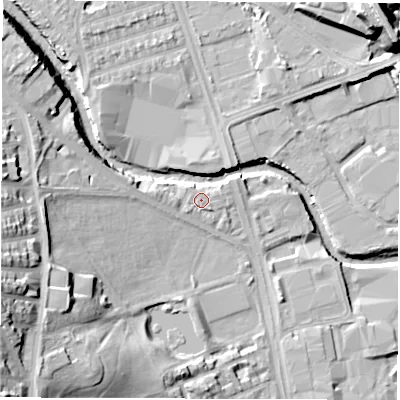 Shaded relief map of the ground around S62AD, computed from Environment Agency LiDAR. The ground here sits at about 64 m above sea level and falls 28 m across the surrounding 800 m. Surface water reaching this point runs off ground lying to the south-west, 1.1 m higher.