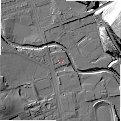 Shaded relief map of the ground around S62AE, computed from Environment Agency LiDAR. The ground here sits at about 62 m above sea level and falls 60 m across the surrounding 800 m. Surface water reaching this point runs off ground lying to the west, 1.2 m higher.