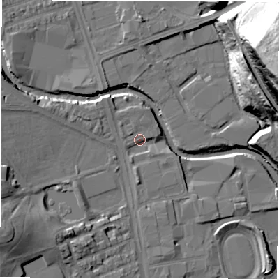 Shaded relief map of the ground around S62AF, computed from Environment Agency LiDAR. The ground here sits at about 62 m above sea level and falls 60 m across the surrounding 800 m. Surface water reaching this point runs off ground lying to the west-south-west, 15.9 m higher.