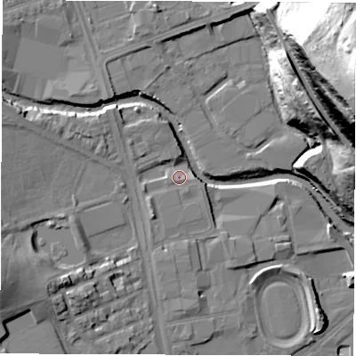 Shaded relief map of the ground around S62AG, computed from Environment Agency LiDAR. The ground here sits at about 61 m above sea level and falls 69 m across the surrounding 800 m. Surface water reaching this point runs off ground lying to the west-south-west, 13.5 m higher.