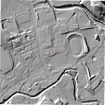 Shaded relief map of the ground around S62AH, computed from Environment Agency LiDAR. The ground here sits at about 61 m above sea level and falls 39 m across the surrounding 800 m. Surface water reaching this point runs off ground lying to the west-south-west, 1.6 m higher.
