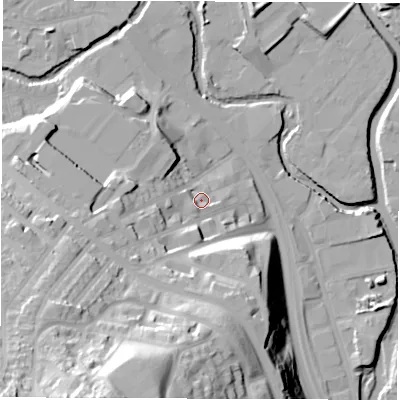 Shaded relief map of the ground around S62AP, computed from Environment Agency LiDAR. The ground here sits at about 63 m above sea level and falls 56 m across the surrounding 800 m. Surface water reaching this point runs off ground lying to the south-south-west, 41.8 m higher.