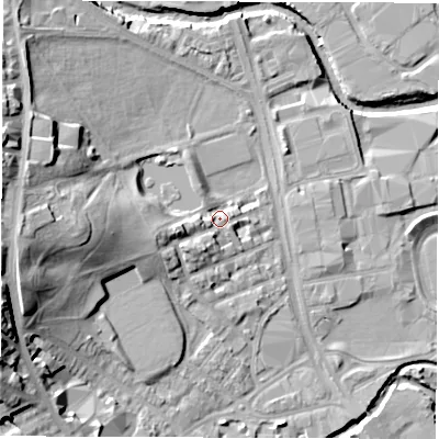 Shaded relief map of the ground around S62AS, computed from Environment Agency LiDAR. The ground here sits at about 64 m above sea level and falls 26 m across the surrounding 800 m. Surface water reaching this point runs off ground lying to the west, 17.1 m higher.