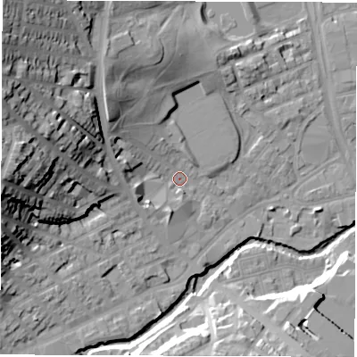 Shaded relief map of the ground around S62BD, computed from Environment Agency LiDAR. The ground here sits at about 65 m above sea level and falls 39 m across the surrounding 800 m. Surface water reaching this point runs off ground lying to the north-west, 11.2 m higher.
