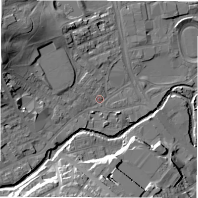 Shaded relief map of the ground around S62BH, computed from Environment Agency LiDAR. The ground here sits at about 63 m above sea level and falls 23 m across the surrounding 800 m. Surface water reaching this point runs off ground lying to the west-north-west, 16.2 m higher.