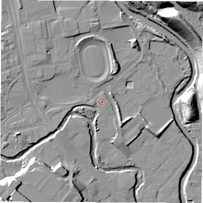 Shaded relief map of the ground around S62BL, computed from Environment Agency LiDAR. The ground here sits at about 59 m above sea level and falls 38 m across the surrounding 800 m. Surface water reaching this point runs off ground lying to the west-south-west, 0.8 m higher.