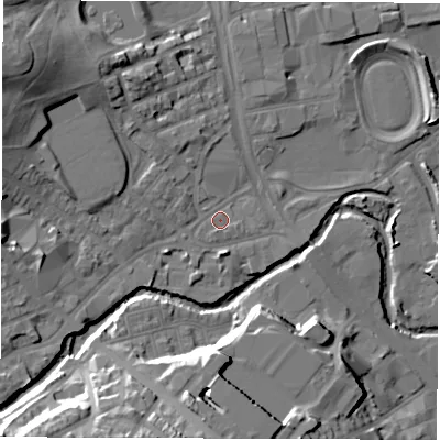 Shaded relief map of the ground around S62BN, computed from Environment Agency LiDAR. The ground here sits at about 62 m above sea level and falls 24 m across the surrounding 800 m. Surface water reaching this point runs off ground lying to the west-north-west, 8.4 m higher.