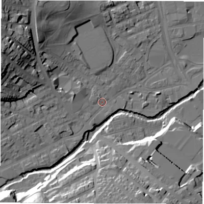 Shaded relief map of the ground around S62BP, computed from Environment Agency LiDAR. The ground here sits at about 64 m above sea level and falls 32 m across the surrounding 800 m. Surface water reaching this point runs off ground lying to the west, 3.2 m higher.