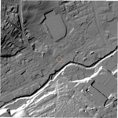 Shaded relief map of the ground around S62BQ, computed from Environment Agency LiDAR. The ground here sits at about 64 m above sea level and falls 33 m across the surrounding 800 m. Surface water reaching this point runs off ground lying to the west, 3.0 m higher.