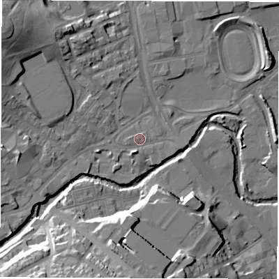Shaded relief map of the ground around S62BS, computed from Environment Agency LiDAR. The ground here sits at about 62 m above sea level and falls 26 m across the surrounding 800 m. Surface water reaching this point runs off ground lying to the west-south-west, 4.2 m higher.