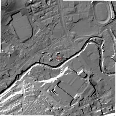Shaded relief map of the ground around S62BT, computed from Environment Agency LiDAR. The ground here sits at about 62 m above sea level and falls 31 m across the surrounding 800 m. Surface water reaching this point runs off ground lying to the north, 2.9 m higher.