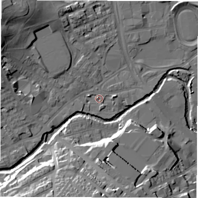 Shaded relief map of the ground around S62BU, computed from Environment Agency LiDAR. The ground here sits at about 63 m above sea level and falls 29 m across the surrounding 800 m. Surface water reaching this point runs off ground lying to the west-south-west, 4.2 m higher.